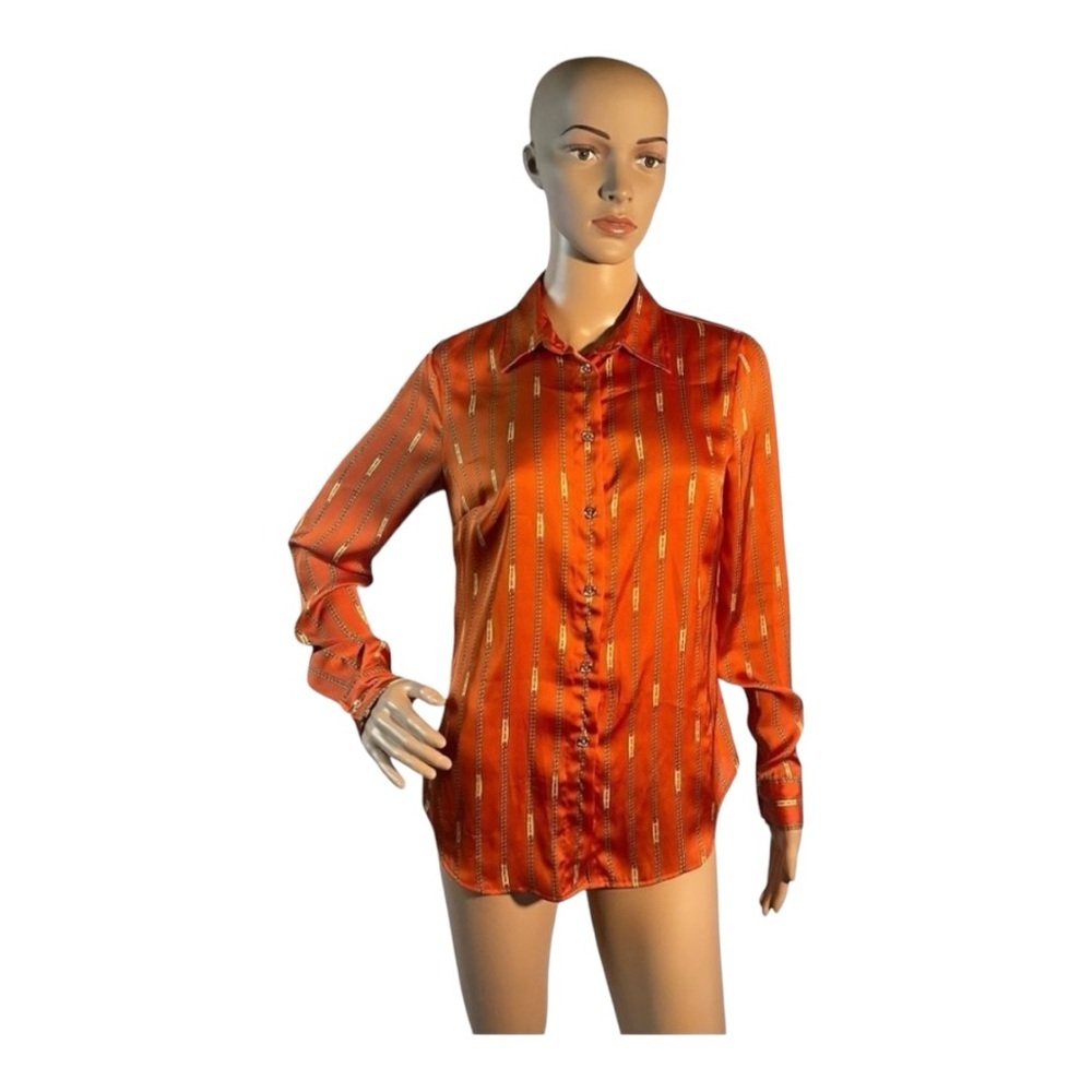 Michael Kors Women’s Orange Button Up Top Blouse Signature Chain Print Size S
